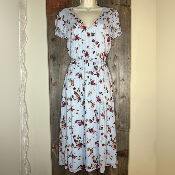 WAYF Blouson V Neck Blue Floral Print Midi Dress in Rayon Gauze sz S - Picture 3 of 16